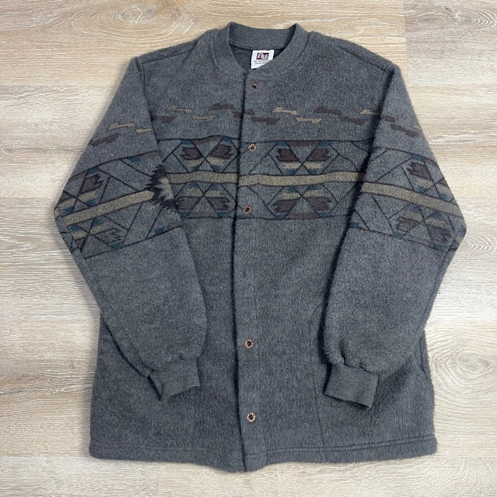Vintage Art Unlimited Sportswear Mens L Gray Southwestern Fleece Snap Jacket